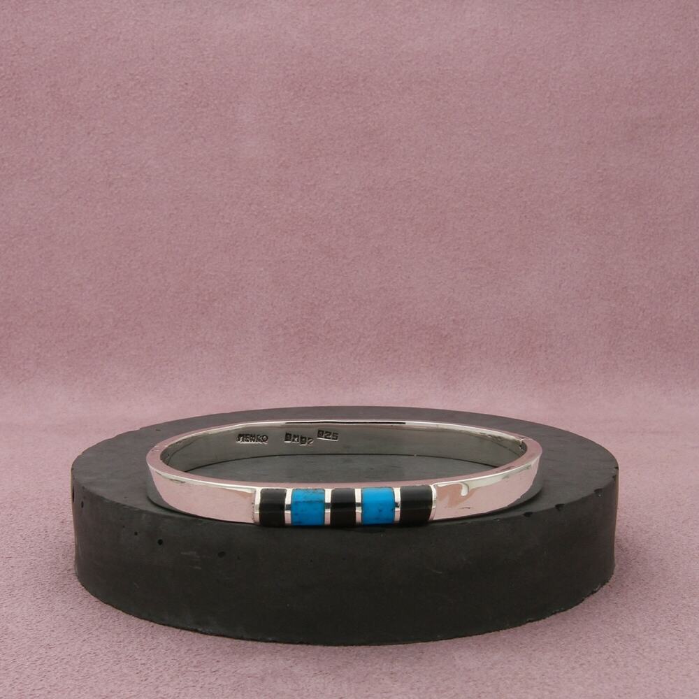 mexico sterling silver vintage turquoise onyx hinged bracelet size 6.5in